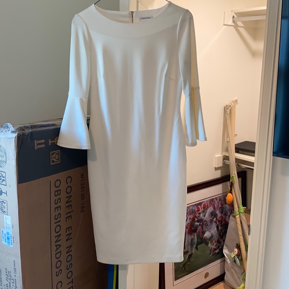 White Calvin Klein work dress. Flared sleeves